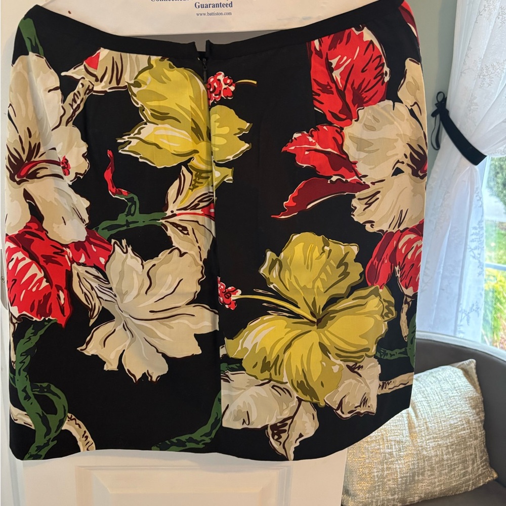 Casual Corner Black Mini Skirt with Red, Yellow & Cream Floral Print